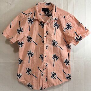 No Boundaries Mens Coral Palm Tree Tropical Button Up Short Sleeve Shirt Med